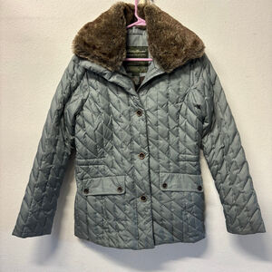 Women's Eddie Bauer Blue/Gray Quilted Down Jacket with Remova Faux Fur Collar XS